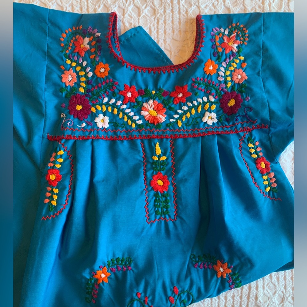 Embroidered Blue Kids Casual Dress - Picture 2 of 16